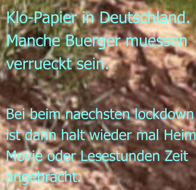 Bei beim naechsten lockdown ist dann halt wieder mal Heim Movie oder Lesestunden Zeit  angebracht.  Klo-Papier in Deutschland.  Manche Buerger muessen verrueckt sein.