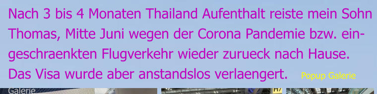 Nach 3 bis 4 Monaten Thailand Aufenthalt reiste mein Sohn Thomas, Mitte Juni wegen der Corona Pandemie bzw. ein- geschraenkten Flugverkehr wieder zurueck nach Hause. Das Visa wurde aber anstandslos verlaengert.   Popup Galerie Galerie