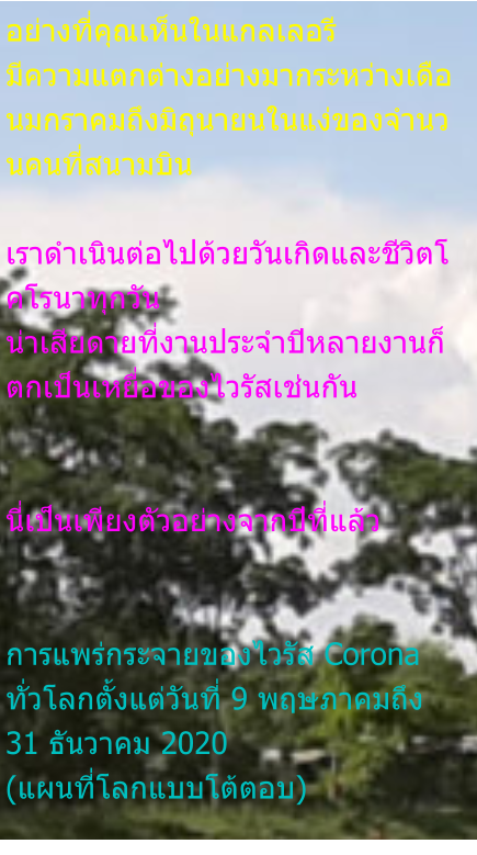 อย่างที่คุณเห็นในแกลเลอรี มีความแตกต่างอย่างมากระหว่างเดือนมกราคมถึงมิถุนายนในแง่ของจำนวนคนที่สนามบิน  เราดำเนินต่อไปด้วยวันเกิดและชีวิตโคโรนาทุกวัน น่าเสียดายที่งานประจำปีหลายงานก็ตกเป็นเหยื่อของไวรัสเช่นกัน   นี่เป็นเพียงตัวอย่างจากปีที่แล้ว   การแพร่กระจายของไวรัส Corona ทั่วโลกตั้งแต่วันที่ 9 พฤษภาคมถึง 31 ธันวาคม 2020 (แผนที่โลกแบบโต้ตอบ)